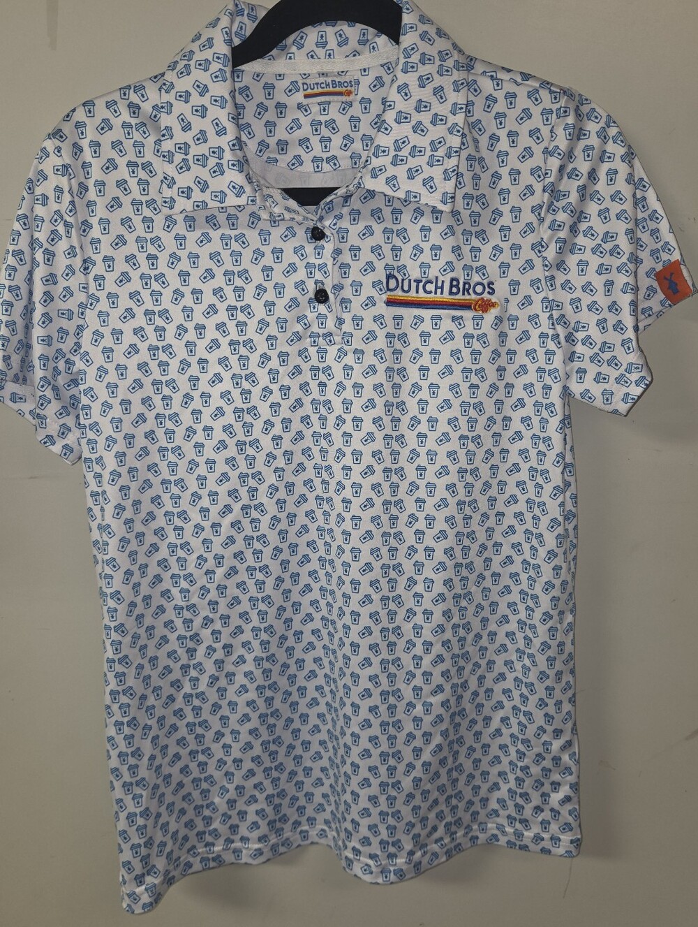 Dutch Bros White Polo with Blue Cup Print